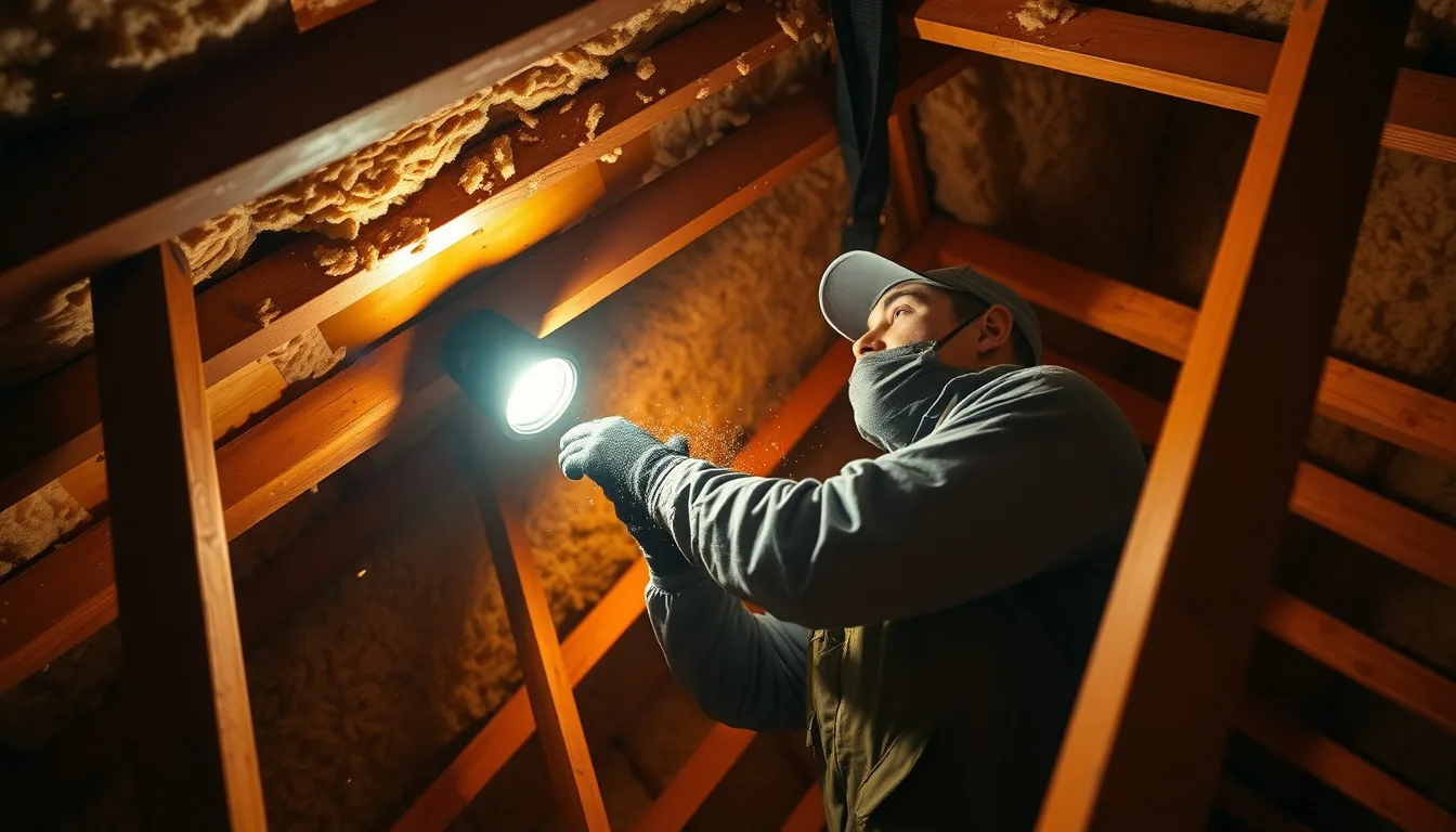 Insulation contractor installing new attic insulation between roof joists in a residential home