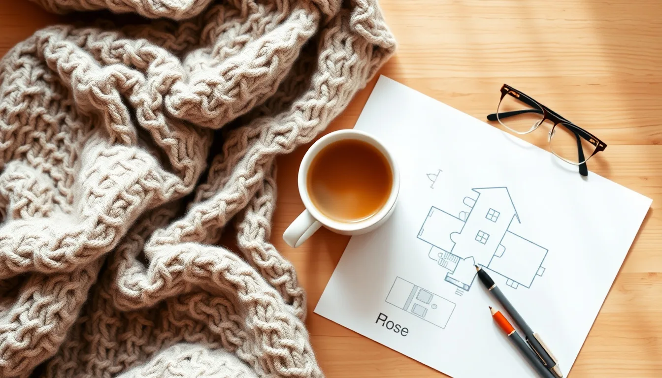 A cozy flat-lay scene with a blanket, tea, and a house floor plan sketch