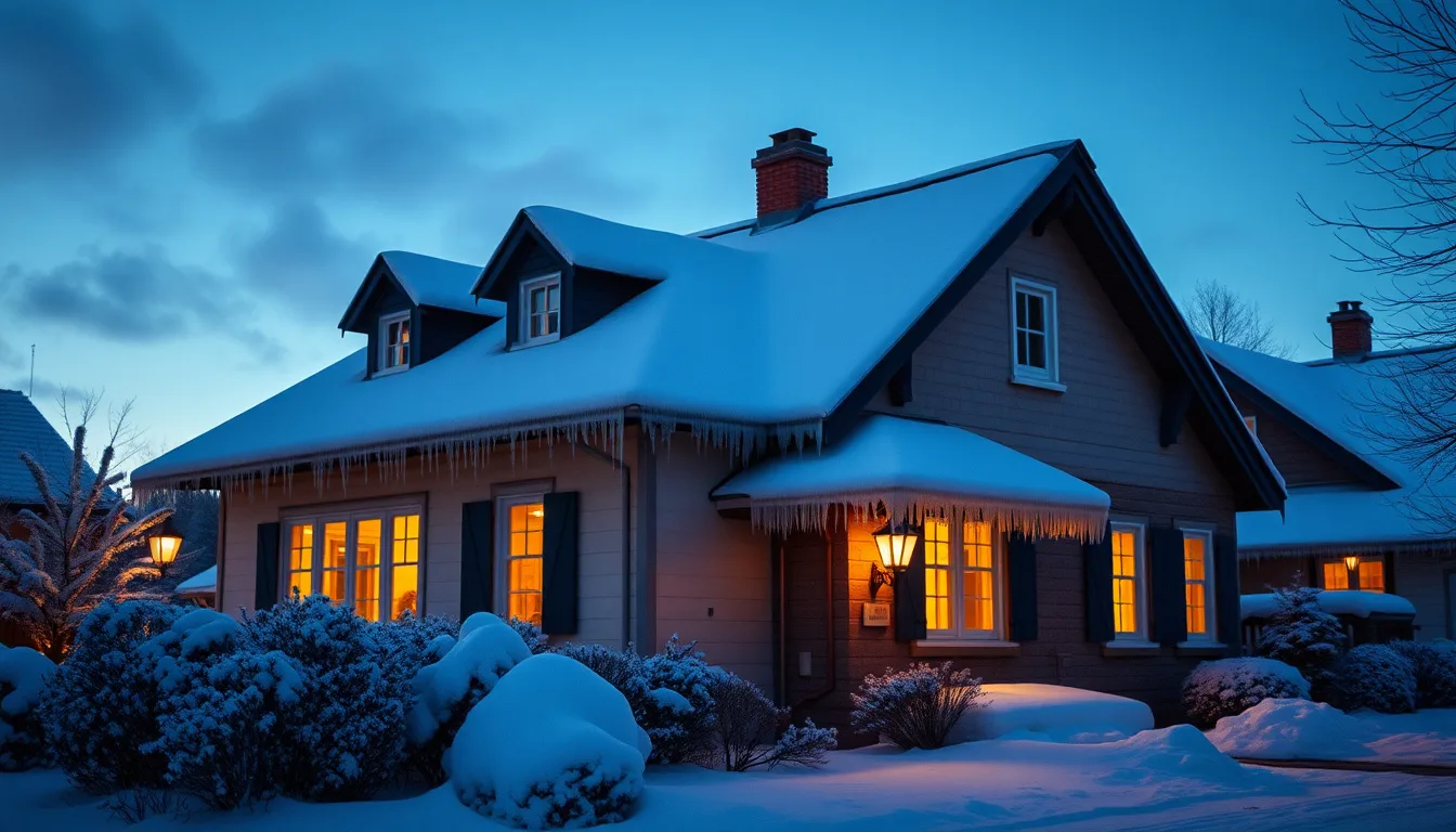 A snow-covered house with ice dams along the roofline at dusk