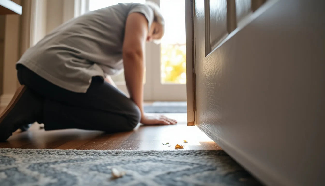 A homeowner inspecting worn weatherstripping at the bottom of a front door
