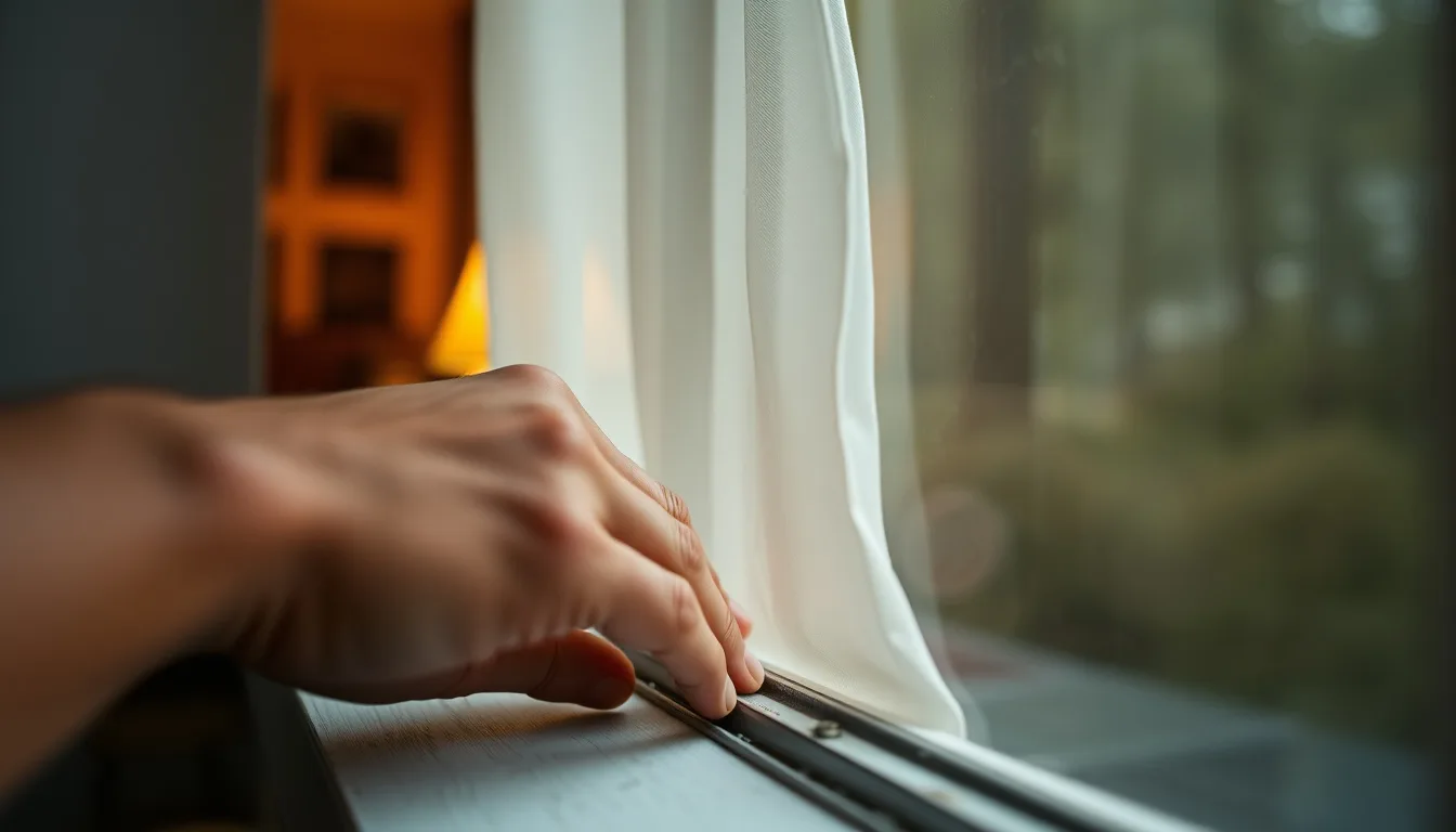 A hand held near the edge of a window frame checking for a cold draft coming through the gap around the glass