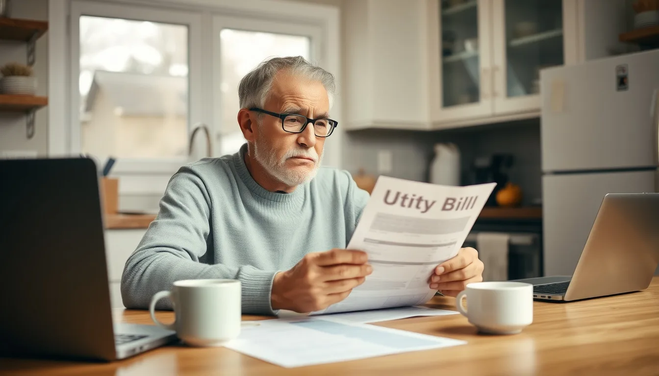 A homeowner sitting at a kitchen table looking concerned while reviewing a home energy bill