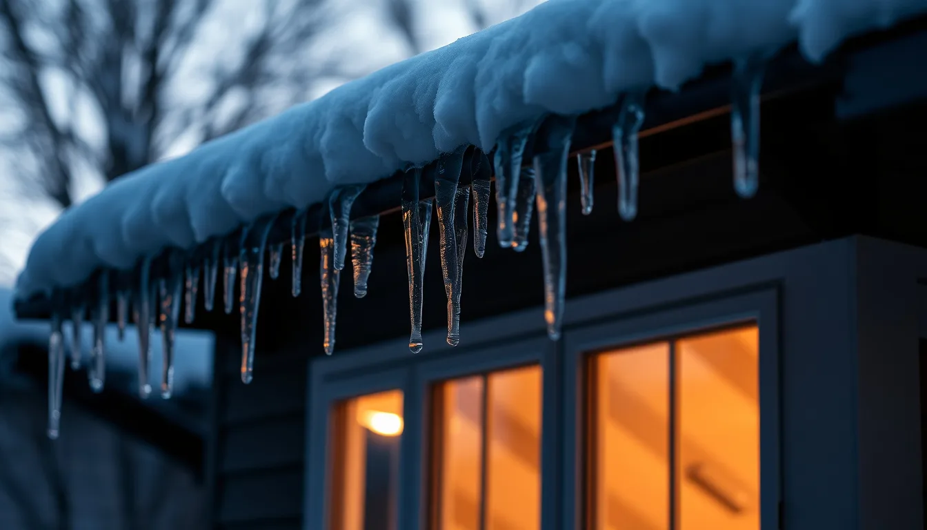 A thick ridge of ice and icicles built up along the edge of a snow-covered residential roof