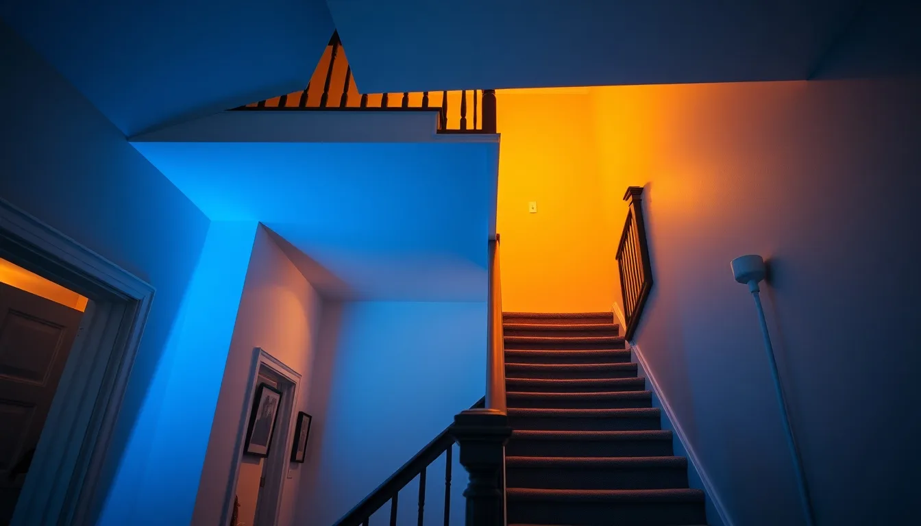 A stairway with warm light at the top and cooler light at the bottom