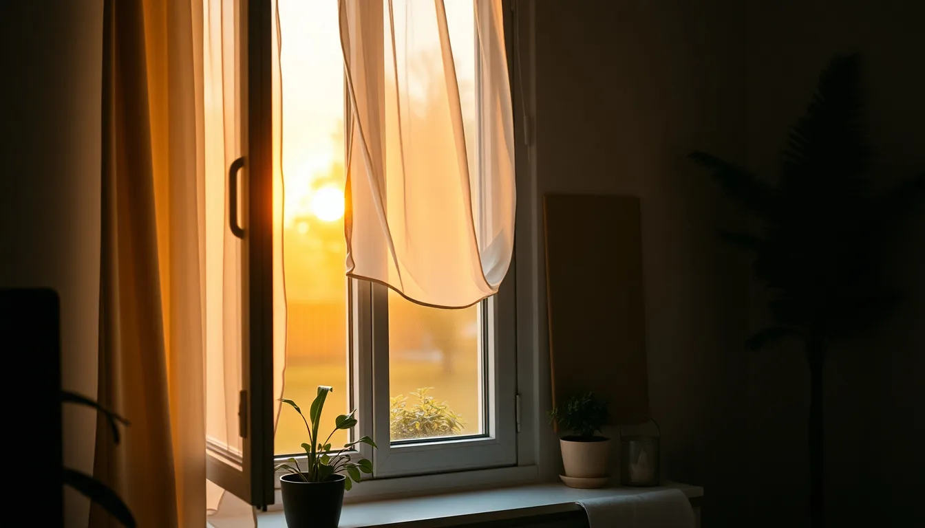 Homeowner opening a window to air out a stuffy upstairs bedroom on a still morning