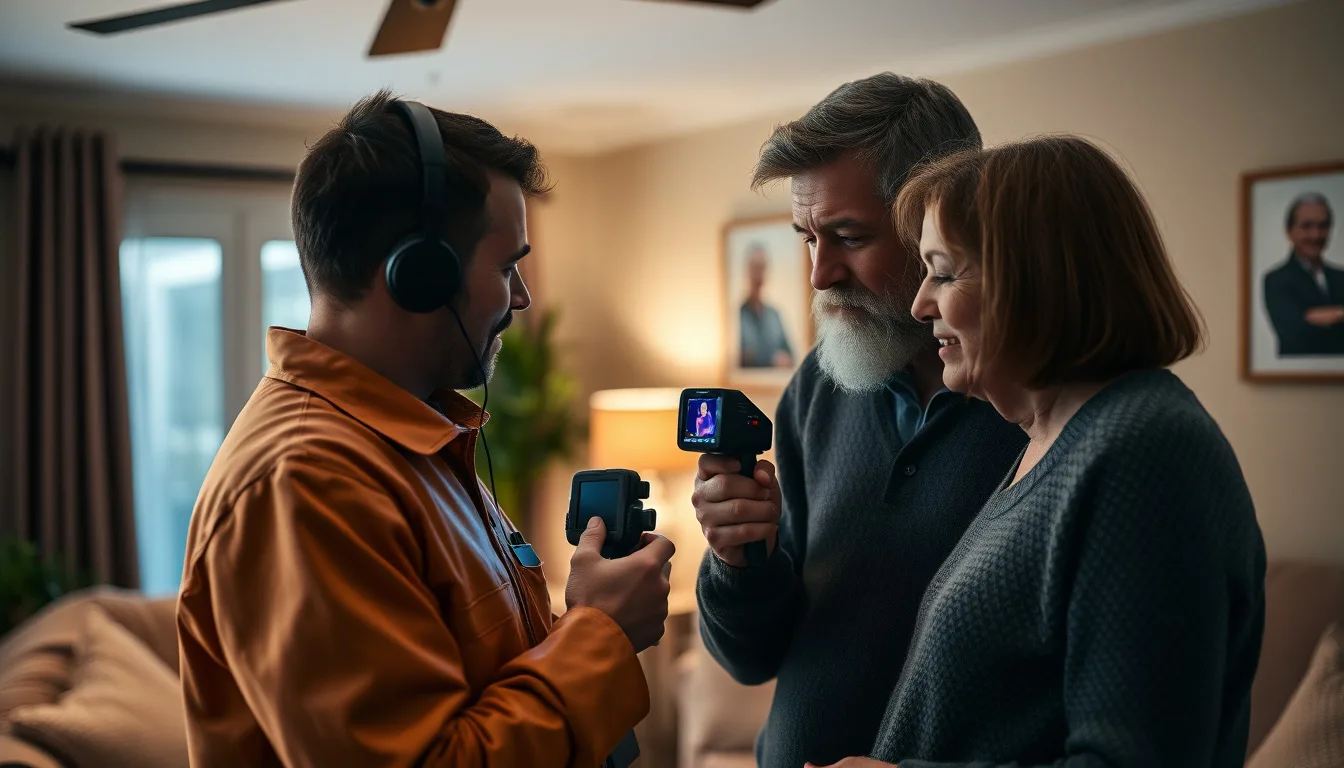 A technician showing a homeowner a thermal imaging camera screen in a warm living room