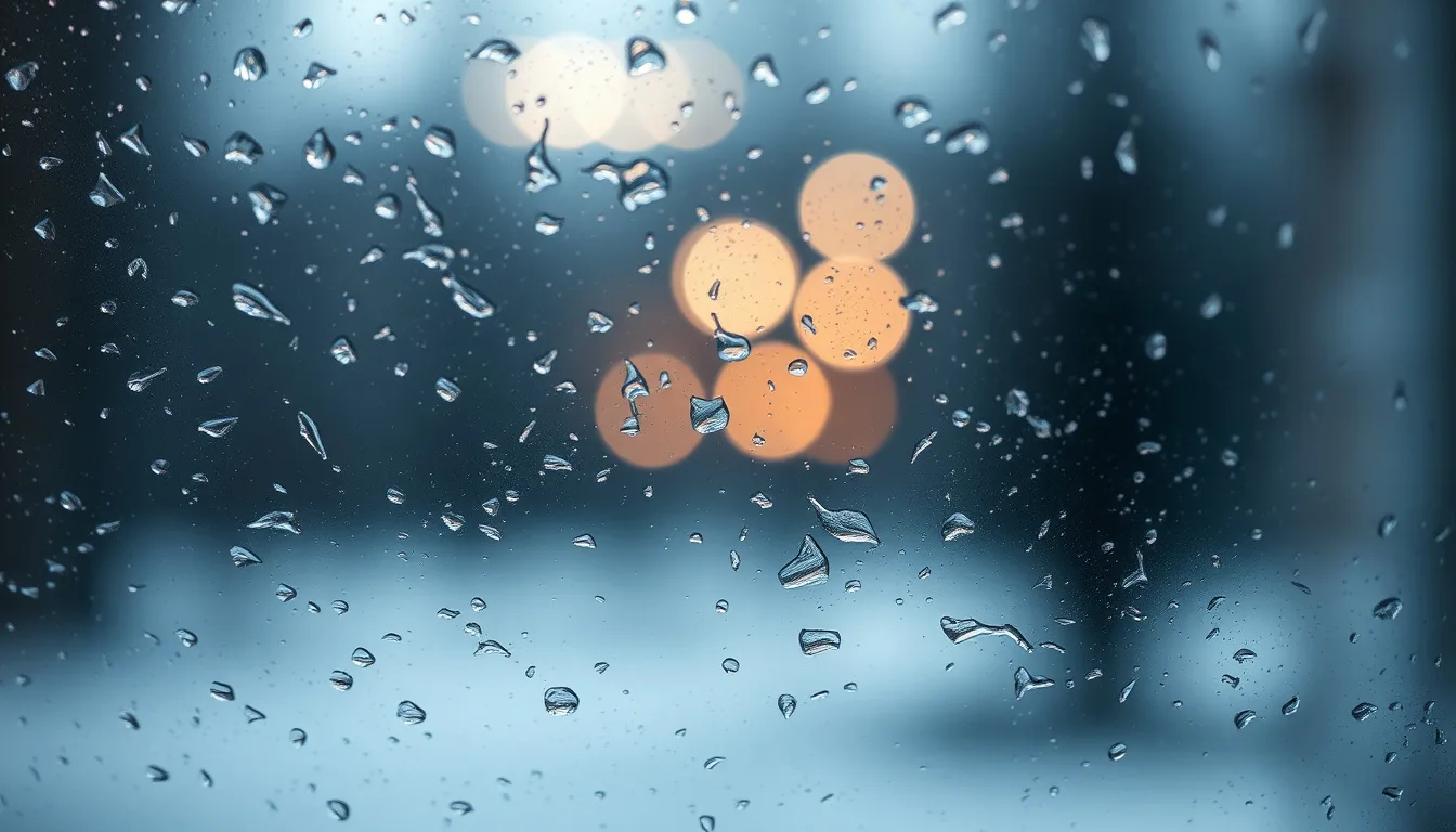 Fogged condensation and a thin layer of frost creeping across the inside of a window pane on a cold winter morning